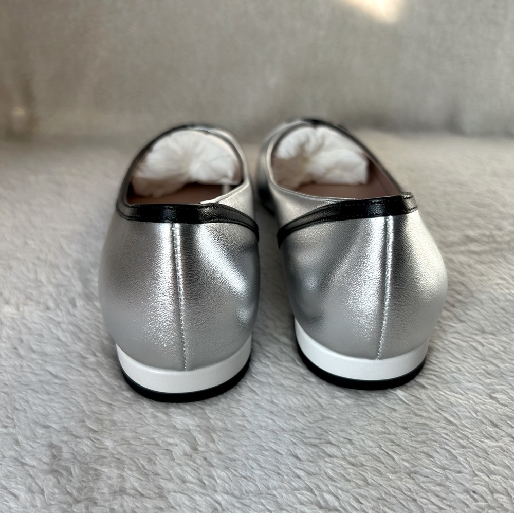 NIB Authentic Gucci Malaga Kid 2-tone Leather Pump Flats Silver White 37 - Picture 5 of 9